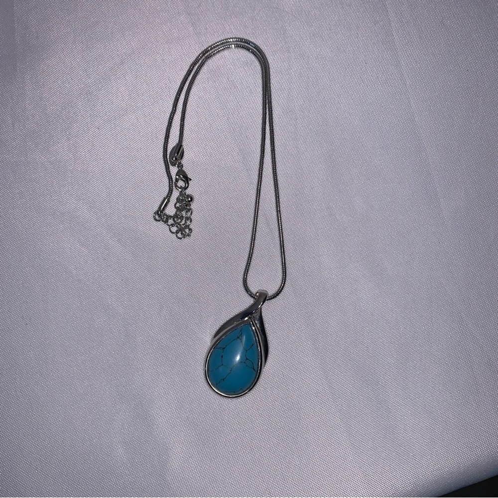 Lia Sophia Mohave Turquoise Teardrop Pendant Necklace Silver Tone